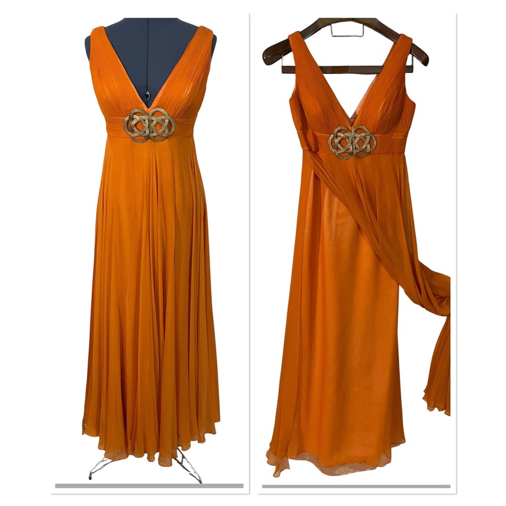 Alberto Makali Orange Silk Chiffon V Neck Carwash Formal Gown Center Brooch 8